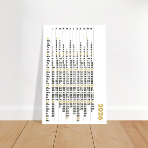 Yearly Wall Calendar – Minimal Black & White with Gold Highlights - 11x17"